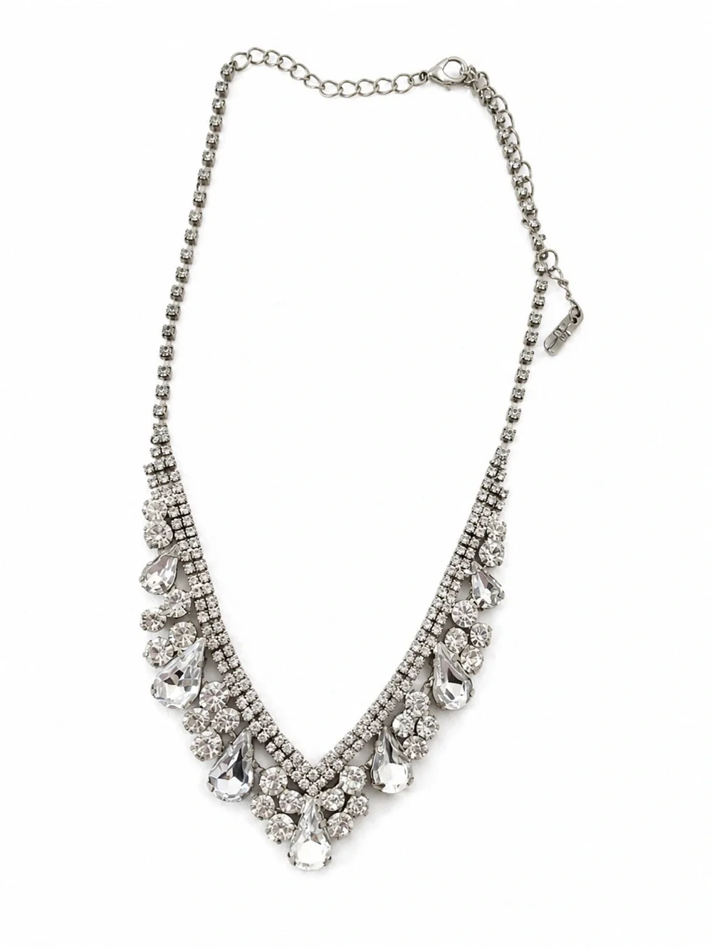 Silver Tone Rhinestone Statement Bib Necklace Crystal Teardrop Adjustable